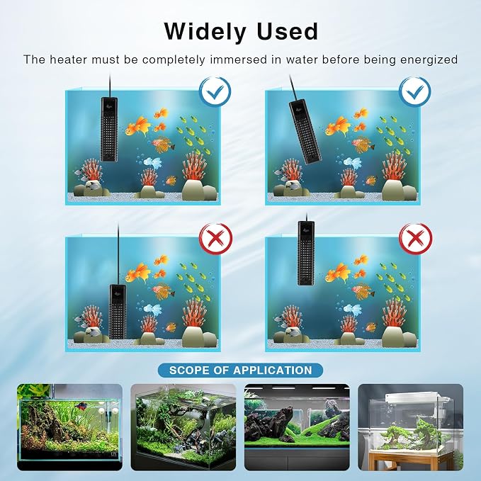 AQQA Aquarium Heater,300W 500W 800W 1000W 1200W Fish Tank Heater,59℉-93℉ Submersible Intelligence Aquarium Heater with Over-Temperature Dry Burning Protection 1200W to 155-265 Gallon