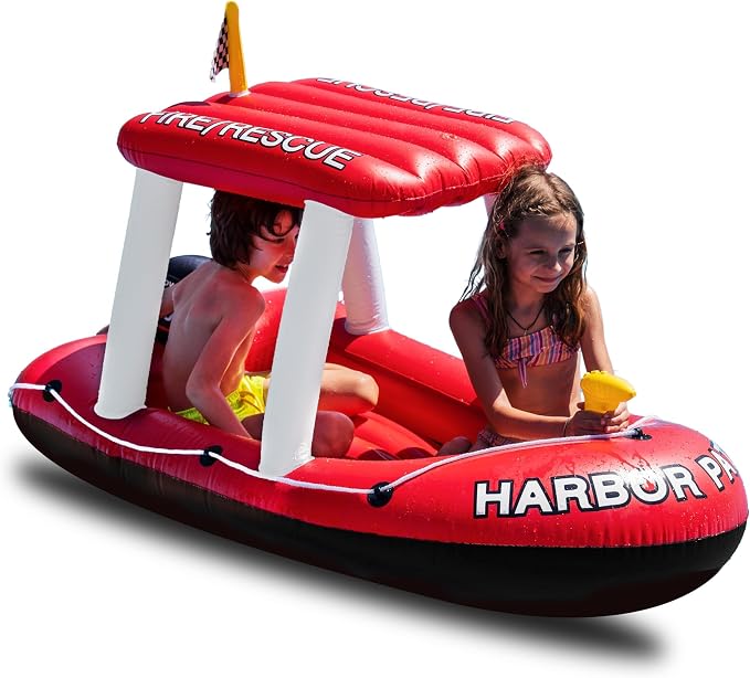 Police Boat Inflatable Pool Floats Kids, Toddler Harbor Master Police Patrol Inflatable Boat Pool Float Ride On, Fun Water Toy Squirter Pool Toy, Police & Fire Rescue Theme Pool Raft for Boys, Girl