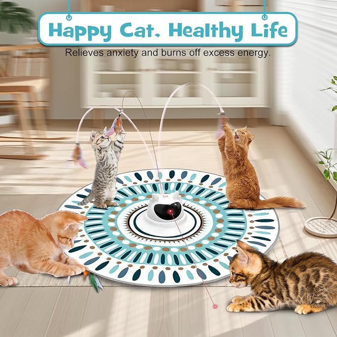 3 in 1 Automatic Interactive Cat Toy for Indoor Cats, USB Rechargeable Adjustable Laser, 360° Rotating Feather Wand, Real Bird Chirp, Motion-Activated Hide Seek Mat, Auto-Off, Quiet Operation