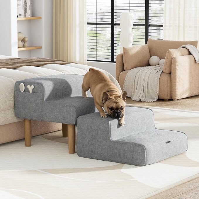 PakaLife Foldable 2-in-1 Dog Ramp Ottoman, Solid Wood Dog Steps for Bed & Couch, Washable Cover, 135lb Capacity, for Small, Senior Dogs & Old Cats to Get on Bed(Only for Small Dogs)