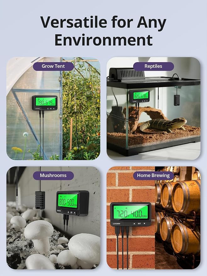 LUXBIRD WiFi Temperature Humidity Controller LTC-318-W with Monitor, App Control for Reptile Terrarium Greenhouse Grow Tent,2-Year Warranty (Black)