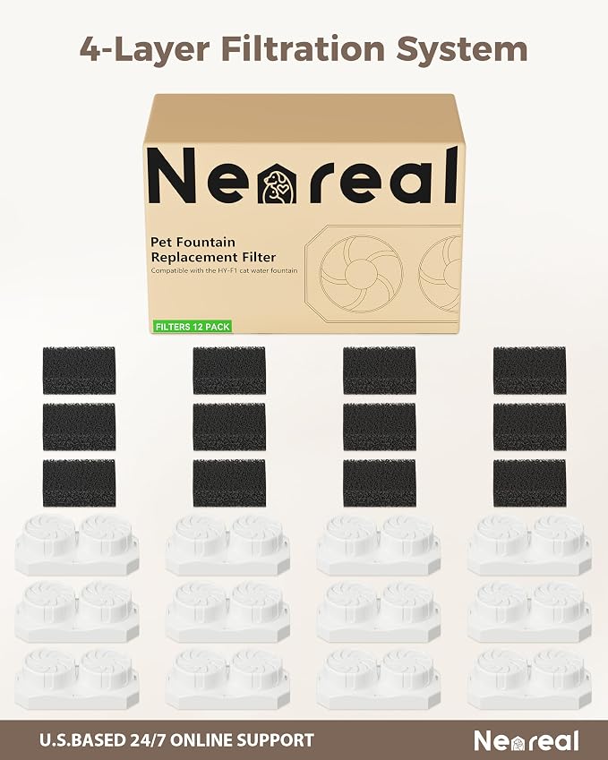 Neareal Official Cat Fountain Replacement Filters & Pre-Filter Sponges for 74oz/2.2L Stainless Steel Pet Water Fountain (12 Pack)