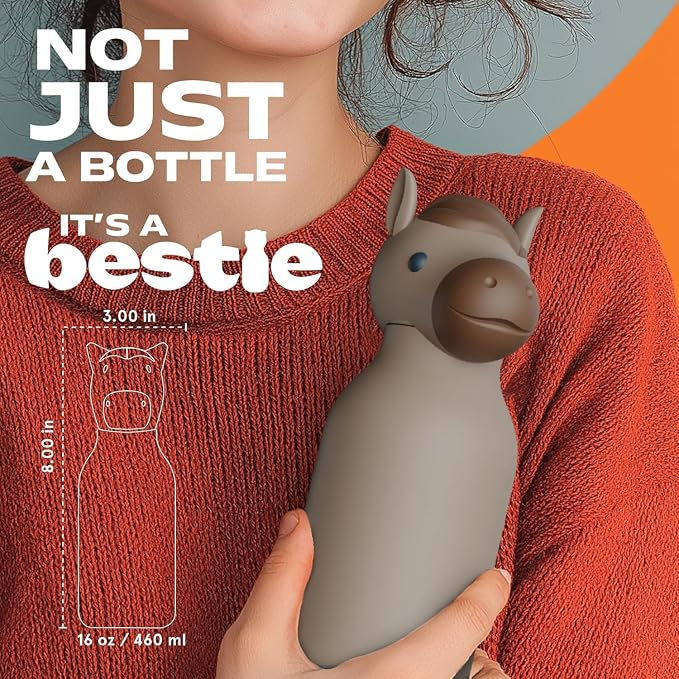 asobu Bestie Bottle Insulated Stainless Steel Water Bottle with Detachable Soft Animal Head Fun Drinking For Kids and Teens with Flexible Reusable Straw 16 Ounce (Horse)