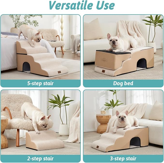 COZY KISS Extra Wide Dog Stairs with Tunnel, Foam Detachable Large Dog Step for Small Pet, Puppy or Cats, Medium Pet Ramp for High Bed, Couch, Sofa or Car, 19.7x33x22.4 inch, 5 Step, Beige