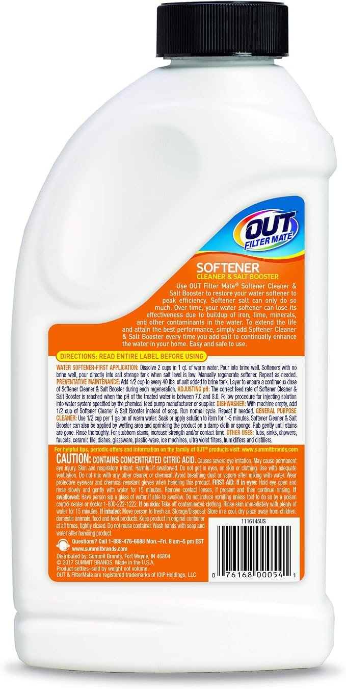 Out Filter Mate Water Softener Cleaner and Salt Booster Powder, 24 oz Bottle 4-Pack