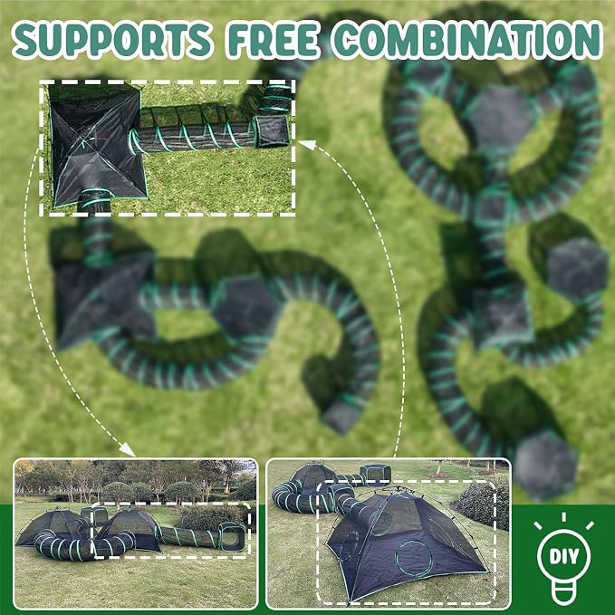 Pawtenda 3-in-1 Outdoor Cat Enclosures, Portable Catio Green Cat Tents for Outside, Cat Tents with 1 Dome Tent,1 Straight Tunnel and 1 Cube, Outdoor Cat Playpen for Cats, Rabbits and Other Animals