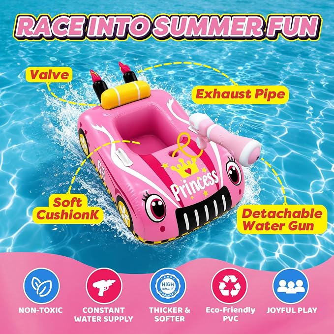Inflatable Pool Floats for Kids with Water Gun, Race Car Toddler Pool Float for Boys, Ride-on Pool Toy with Built-in Squirt Gun Unlimited Ammo,CPC Certified Summer Outdoor Water Toys Ages 3-8
