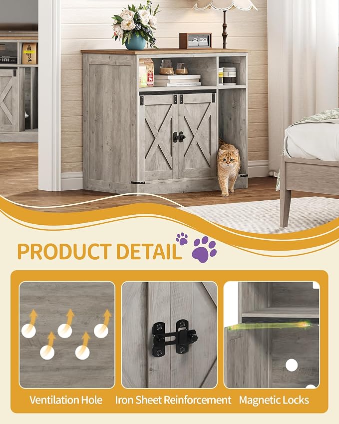 Hzuaneri Cat Litter Box Enclosure, Hidden Litter Box Furniture with Storage, Wooden Cat Cabinet with Scratch Pad, Farmhouse Cat Washroom, TV Stand End Table, Greige CB87505X