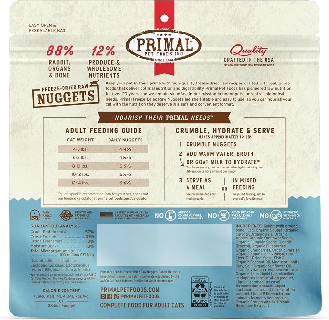 Primal Freeze Dried Raw Cat Food Nuggets Rabbit, Complete & Balanced Meal or Topper, Premium, Healthy, Grain Free, High Protein Raw Cat Food with Probiotics (5.5 oz)