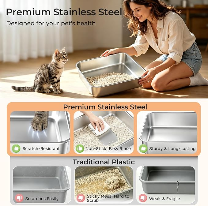 URPOWER Stainless Steel Cat Litter Box with Lid 180° Flip-Top Enclosed Kitty Litter Box Non-Sticky Metal Pan with High Sided & Scoop for Kitten, Small Cats, Odor Free, Anti-Leakage, Easy Cleaning