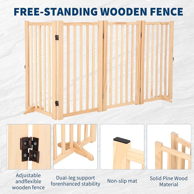 Wooden Freestanding Dog Gate, Foldable Pet Gate with Support Feet, Indoor Dog Fence for The House,Doorways, Stairs,Expandable Pet Fence -4 Panel H:36”