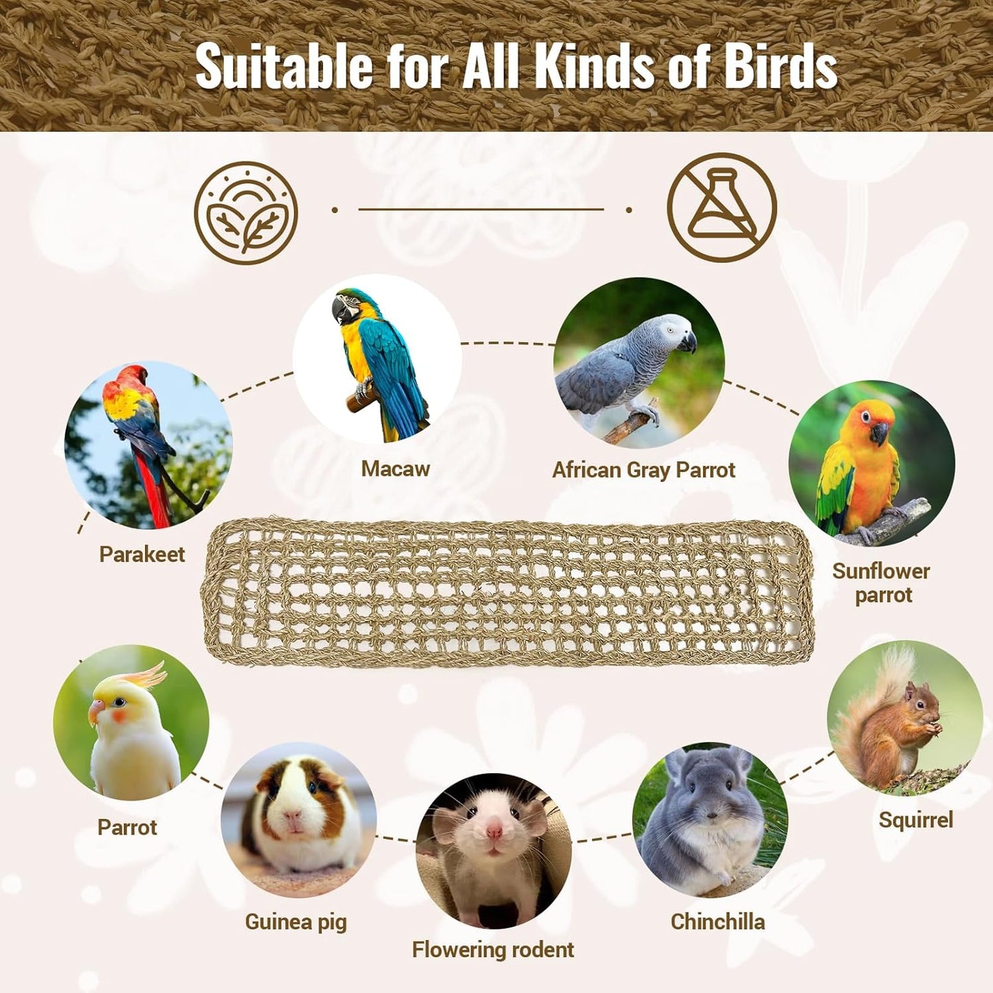 29.5 x 7 inches Large Bird Seagrass Mat Grass Woven Net Parrot Hammock Mat Parakeet Climbing Rope Ladder with Hooks Bird Cage Accessories for Conure Cockatiel Budgie Macaw