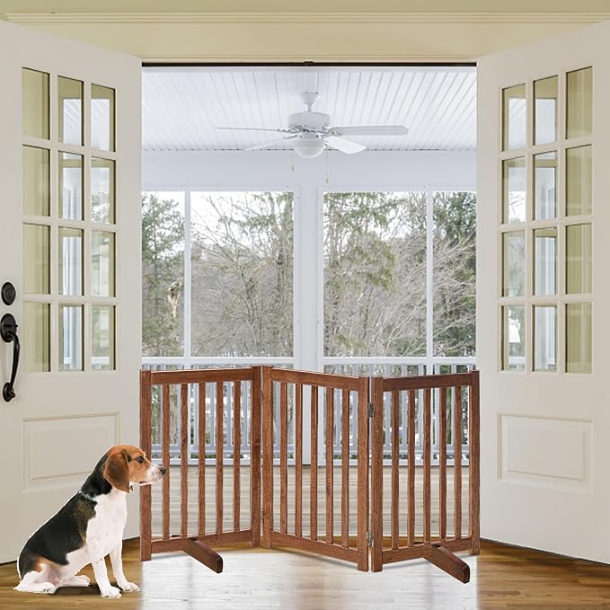 LZRS Freestanding Dog Gate 30 inch Tall - 3 Panels Solid Wooden Pet Gate for Doorways, Stairs & Hallways, Expandable & Foldable with Support Feet,Indoor Use,Oak