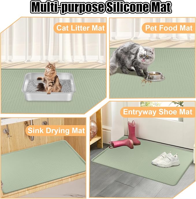 Silicone Cat Litter Mat, 45" x 30" Extra Large Litter Trapping Mat for Litter Box, Leak-Proof, Non-Slip, Kitty Litter Mats with Soft Texture for Floor, Keeping The Floor Clean (Green)