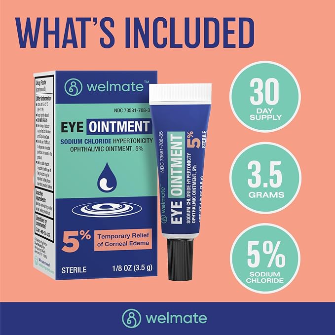 WELMATE - Eye Ointment (1 Tube) - Sodium Chloride Hypertonicity Ophthalmic Ointment 5% - Relief of Corneal Edema Symptoms - Lanolin & Mineral Oil - Sterile - Travel Size - Eye Care - 1/8 oz (3.5g)