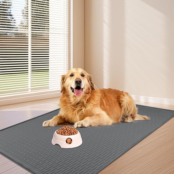 Dog Food Mat, Extra Large 70" x 45" Silicone Pet Feeding Mat with Raised Edge Pet Placemat for Small, Medium, and Large Pets Non-Slip, Easy to Clean (Dark Grey)
