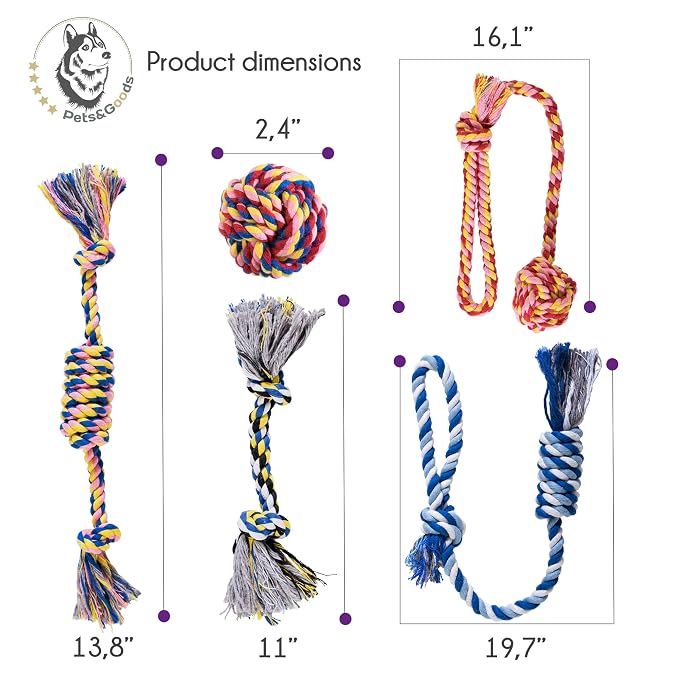 Pets&Goods Dog Grooming Combs & 5-Pack Rope Toy Bundle - Gentle Tear Stain Remover and Dental Cleaning Toys for Puppies & Small/Medium Dogs