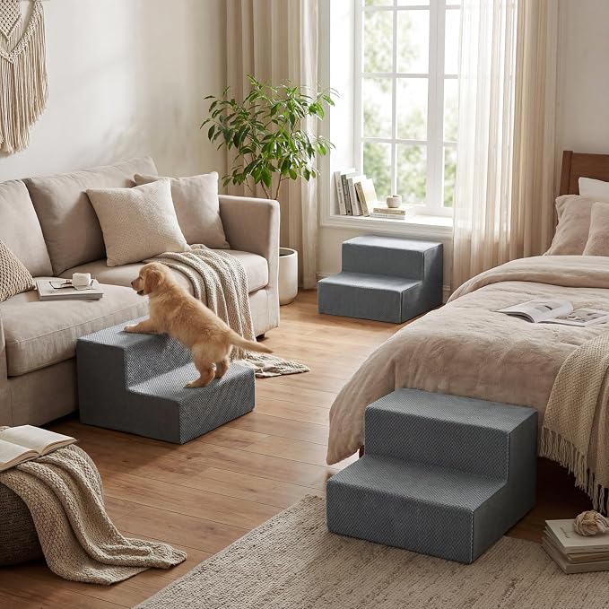 YENING Large Dog Stairs for High Beds - Extra Wide Pet Steps for Large Dogs to Get on Tall Bed 3 Deep Step Cat Ramp for Couch 2 Steps