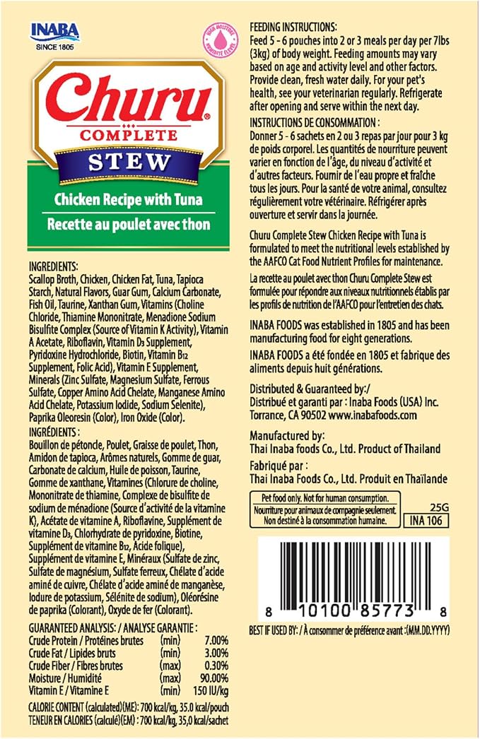 INABA Churu Complete Stew for Cats, Grain-Free, High Protein & Moisture, Wet Cat Food with Fish Oil, 1.76oz. Pouch, 24 Pouches, Chicken with Tuna Recipe