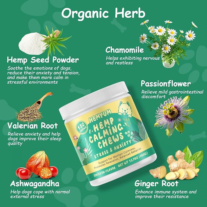 Hemp Calming Chews for Dogs, Natural Anxiety Relief Supplement, Stress Sleep Support, Reduce Barking Separation Anxiety, Chicken Flavor, 180 Soft Chews for All Dog Breeds & Ages