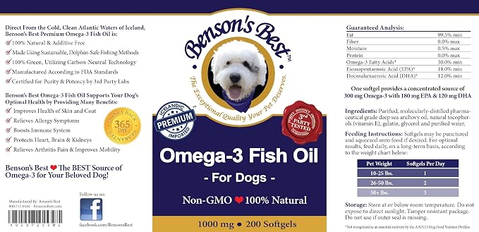 Benson's Best Omega 3 Fish Oil for Dogs - Anchovy Oil Softgel Capsules - Provides 43% More Omega 3 Fatty Acids Than Salmon Oil - 200 Softgels 1000 mg - 100% Pure, Non-GMO, Natural Pet Food Supplement