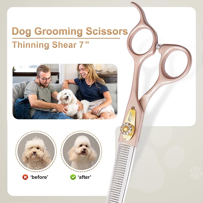 Professional Dog Grooming Scissors Rose Gold 440C Stainless Steel Straight Thinning Curved Chunker Shears for Pet Grooming Services Dogs and Cats (Thinning, 7‘’)