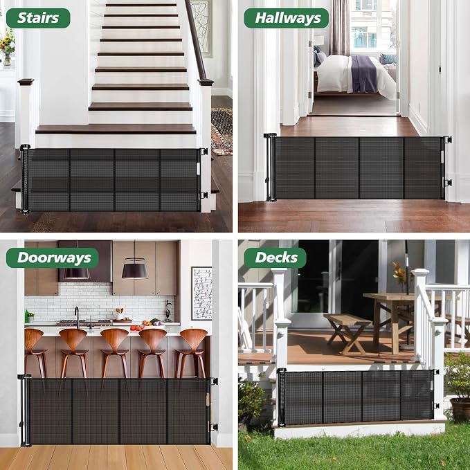24" Tall X 120" Extra Wide Retractable Baby Gates, Short Dog Gates to Step Over, Reinforced Long Mesh Pet Gate with Support Rods, Small Puppy Gates for The House, Black