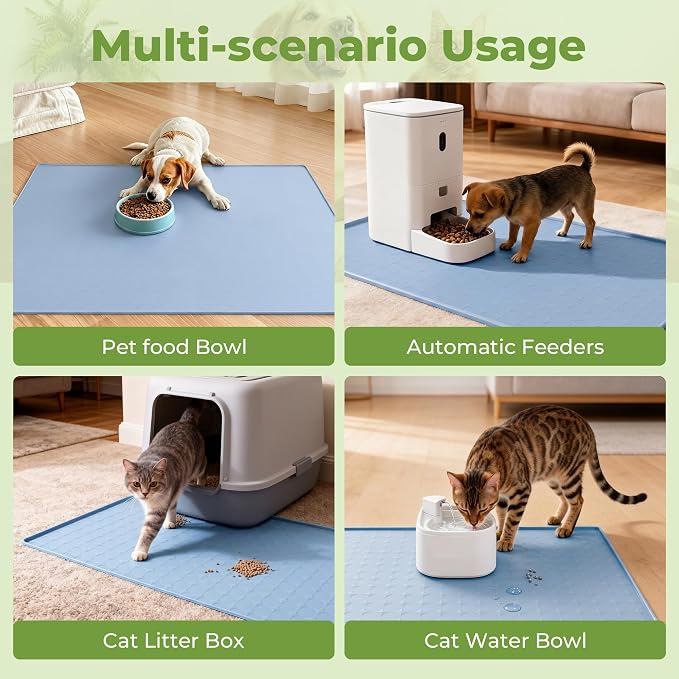 Extra Large 34x22 Inch Machine Washable Silicone Pet Food Mat - Waterproof Dog & Cat Bowl Mat with Raised Edge, Non-Slip Floor Protector for Large Dogs, Multi-Pet Homes (Blue)