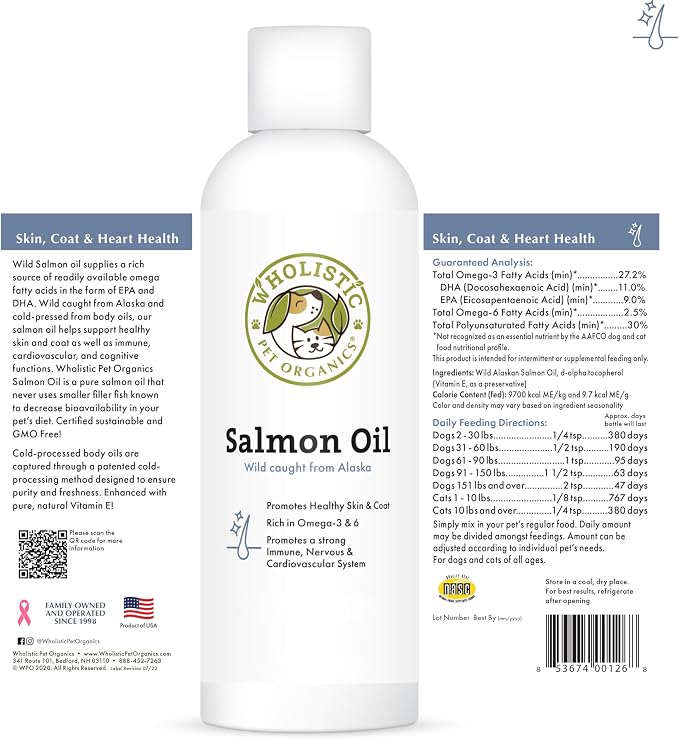 Wholistic Pet Organics Wild Alaskan Salmon Oil for Dogs and Cats - Omega 3 Fish Oil for Dogs & Cats - Cat & Dog Skin and Coat Supplement for Heart, Joints - DHA, EPA Omega 3 Liquid Food Topper - 16 oz