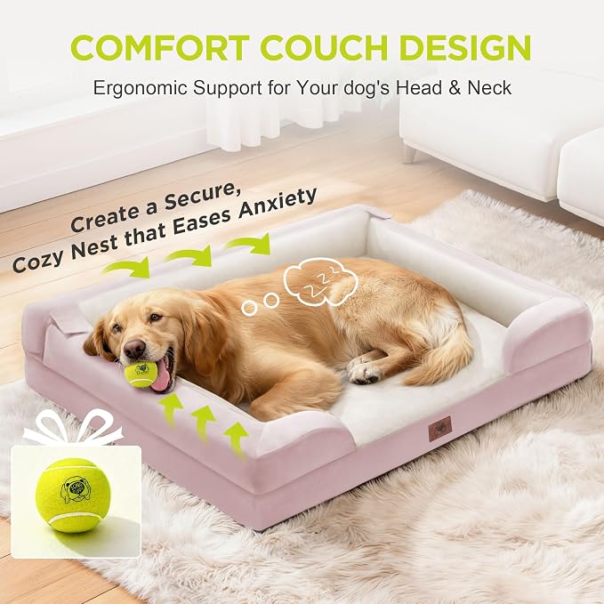 Orthopedic Memory Foam Dog Bed, 42x30, Waterproof for Large Dogs | Removable washable cover. Egg crate foam for joint relief. Non-slip base. Tennis ball toy included. For extra large breeds.