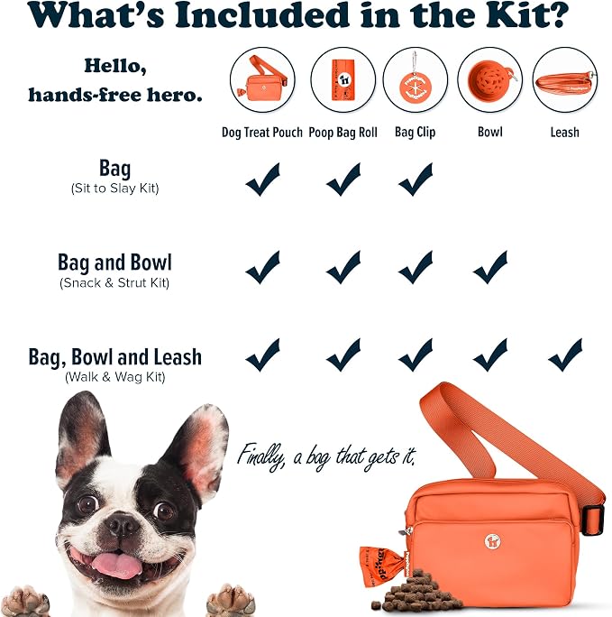 Puppington 3-in-1 Crossbody & Dog Treat Pouch for Pet Training - Matching Compostable Poop Bags, Built-In Poop Bag Dispenser & Slow-Feeding Travel Dog Bowl - Dog Walking Bag (Poppy Orange)