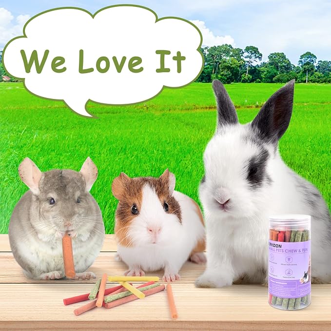 ERKOON 40Pcs Rabbit Timothy Hay Sticks, Five Flavors:PurplePotato/TimothyHay/Pumpkin/Strawberry/Carrot,Suitable Guinea Pig, Hamste, Gerbil, Chinchilla Treats, Chew Toys for Teeth for Bunnies