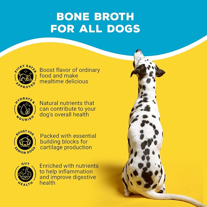 Brutus Beef Bone Broth for Dogs - All Natural Bone Broth with Chondroitin Glucosamine & Turmeric, Human Grade Food Toppers for Picky Eaters & Dry Food-Tasty & Nutritious, Pack of 12
