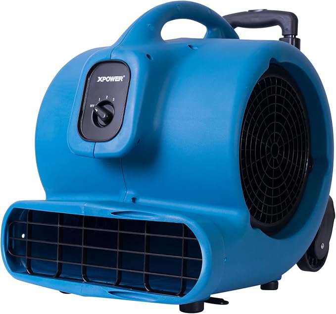 XPOWER P-800H Pro 3/4 HP 3200 CFM Centrifugal Air Mover, Carpet Dryer, Floor Fan, Blower, Telescopic Handle and Wheels, for Water Damage Restoration, Janitorial, Plumbing, Home Use, Blue