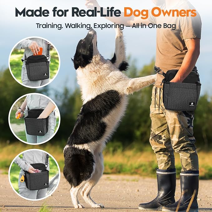 Dog Training Treat Pouch, Magnetic Treat Fanny Pack for Walking, Crossbody Dog Walking Bag with Poop Bag Dispenser, Clicker & Collapsible Bowl - Black