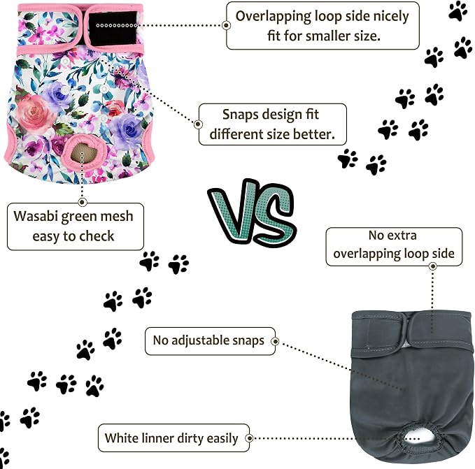 Female Dog Diapers - Reusable Diapers for Doggie in Heat - Highly Absorbent for Pet Incontinence with Snaps (Pack of 3) Rose, M