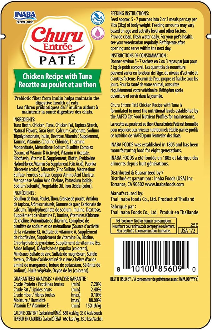 INABA Churu Entrée Pate for Cats, Grain-Free, High Moisture, Prebiotic Wet Cat Food, 1.76oz. per Pouch, 6 Pouches, Chicken with Tuna Recipe