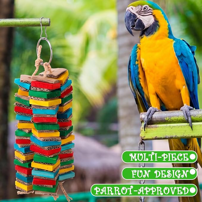 Soulchen 4 Pcs Extra Large Bird Parrot Toy Set Natural Wooden Chewing Toy, Rattan Ball, Wood Nut Loofah String (Bagged) for Large Macaws, African Grey, Parrots (Wood Leaf)