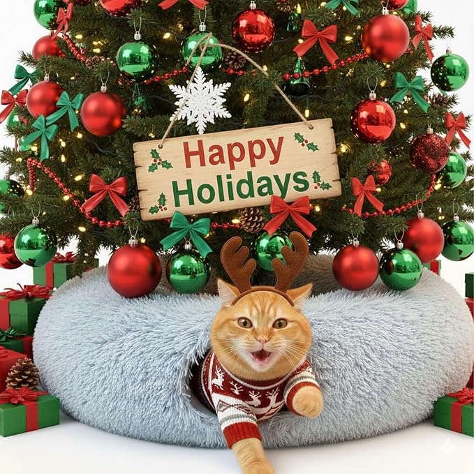 Cat Tunnels for Indoor Cat, Soft Plush Dount Kitty Cave with Peekaboo Hideaway, Under Christmas Tree Cat Toys for Kittens, Rabbits & Ferrets