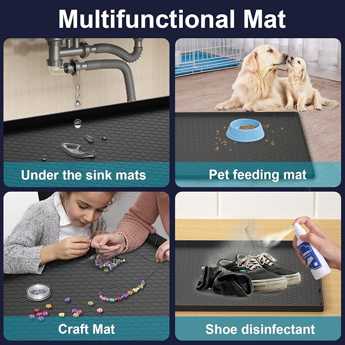 Under Sink Mats for Kitchen Waterproof - 22" x 19" Waterproof Kitchen Cabinet Mat - Flexible Silicone Under Sink Liner - Bathroom Cabinet Mat and Protector for Drips Leaks Spills (Black)