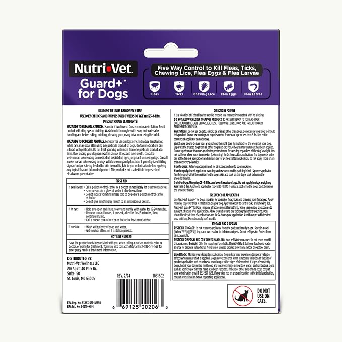 Nutri-Vet Guard+ for Dogs, Flea and Tick Prevention Spot On Drops, Topical Treatment for Dogs 23-44 lbs, Puppy Essentials, Waterproof Formula, 3 Monthly Doses, 90 Days of Protection
