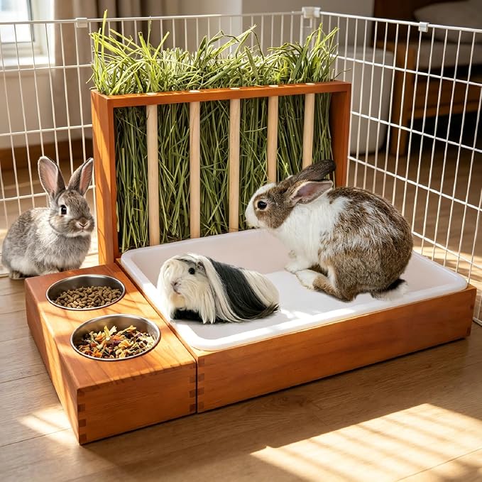 BESNEW 3-in-1 Rabbit Hay Feeder with Litter Box,Upgraded Rot Resistant Rreatment Wooden Hay Feeder with 2 Bowls & Litter Box for Guinea Pigs,Chinchillas,Rabbits & Other Small Animals,Waste Prevention