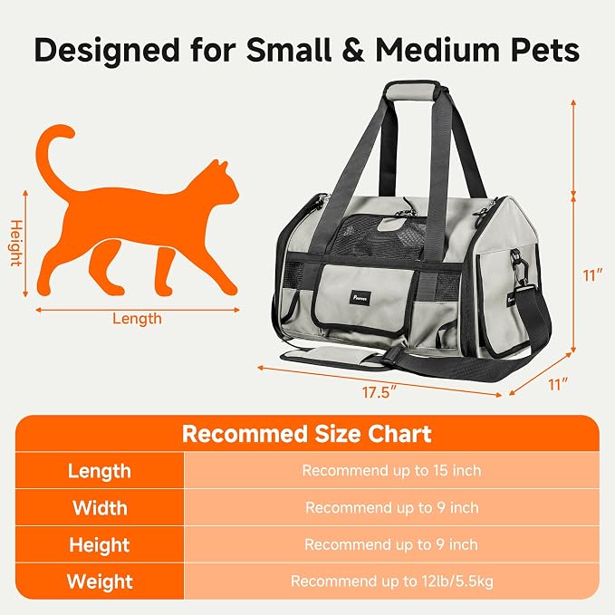 Soft-Sided Travel Cat Carrier with Safety Buckles, Lockable Zippers & Safety Tether, Escape-Proof Collapsible Pet Carrier for Car Rides & Vet Visits, Airline Approved Underseat, Up to 12lbs