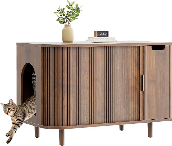 IRONCK Cat Litter Box Enclosure with Sliding Tambour Door – Wooden Hidden Cat House Furniture with 2-Layer Drawer, Side End Table for Living Room, Brown