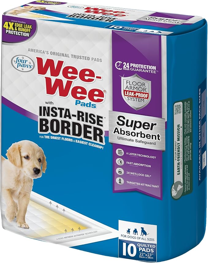 Four Paws Wee-Wee Super Absorbent Unscented Pee Pads for Dogs & Puppies with Insta-Rise Border, Leak-Proof Dog Housebreaking Potty Training Floor Protection, 22" x 23", 10 Count