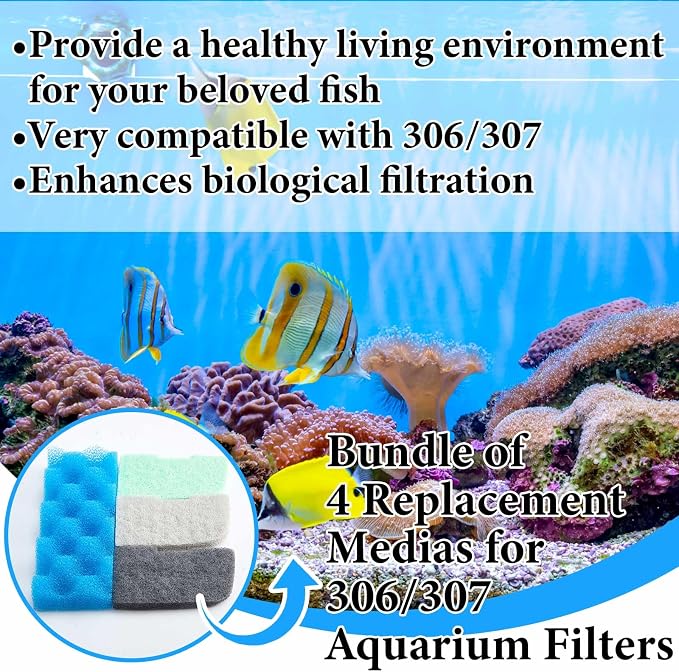 Threlaco 20 Pcs Aquarium Filters Replacement Filter Media Kits Compatible with Fluval 306/307, Including 2 Biological Foams, 6 Ammonia / 6 Phosphate / 6 Nitrite Remover