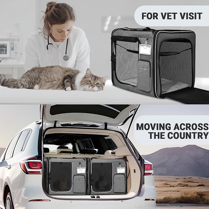 Petskd 2 in 1 Double Cat Car Travel Carrier with Litter Box, 38"x17"x18" Portable Dual Extra Large Cat Carrier for Multiple Cats with Zipper Locks for Moving Across The Country(Grey)