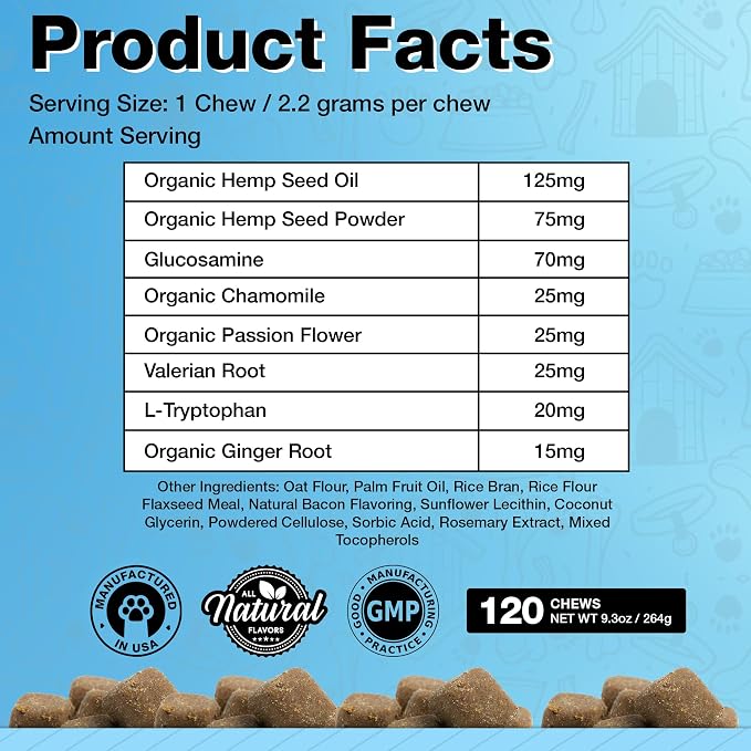 Hemp Dog Calming Chews - Anxiety Relief Treats, 120 Calming Treats for Dogs, Calm Pup Dog Anxiety Relief & Joint Support, Oil Infused Calming Chews for Dogs Anxiety (Bacon Flavor)