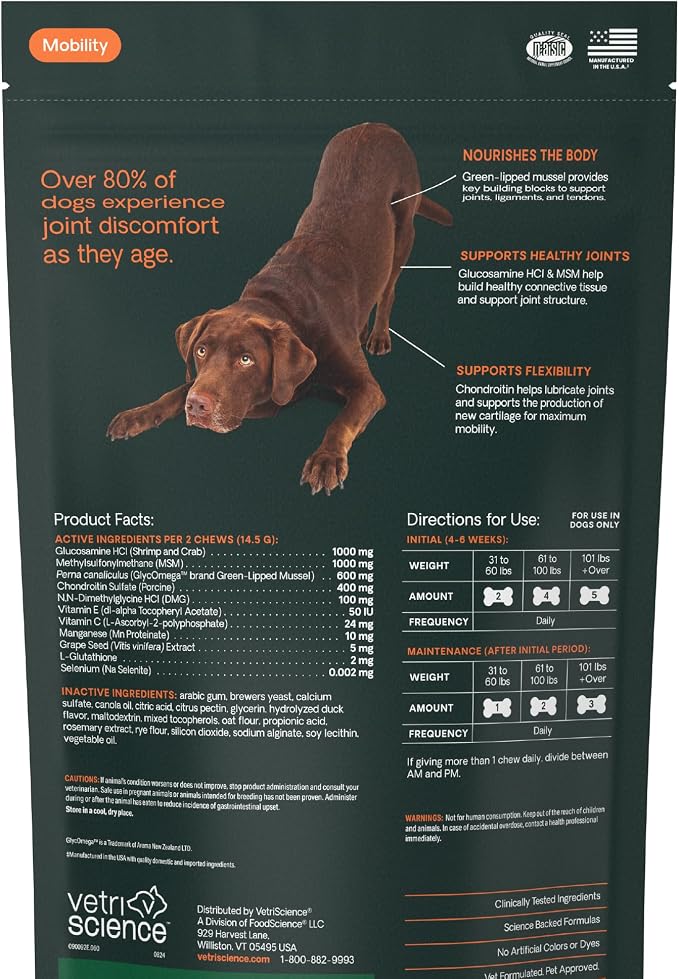 VetriScience Ultimate Strength Hip & Joint Supplement for Dogs – Supports Joint Health & Mobility, Vet-formulated w/Glucosamine, Chondroitin, MSM & Green-Lipped Mussel –Duck Flavor, 120 Chews