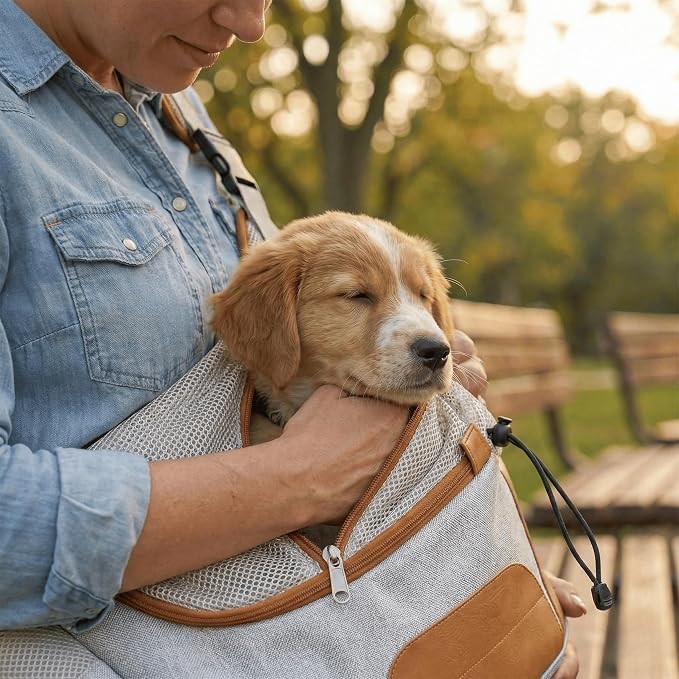 Hands-Free Sling Pet Carrier for Cats and Small Dogs up to 7lbs – Travel Set Includes Foldable Water Bowl & ID Card – Breathable Mesh, Safety Hook & Adjustable Padded Strap for Walking & Travel